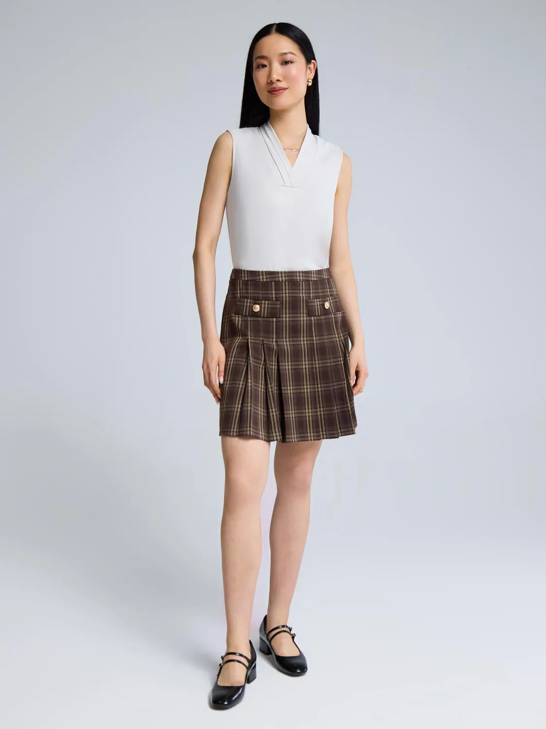 Non Irritating Edges Front Pleated Plaid Mini Skirt