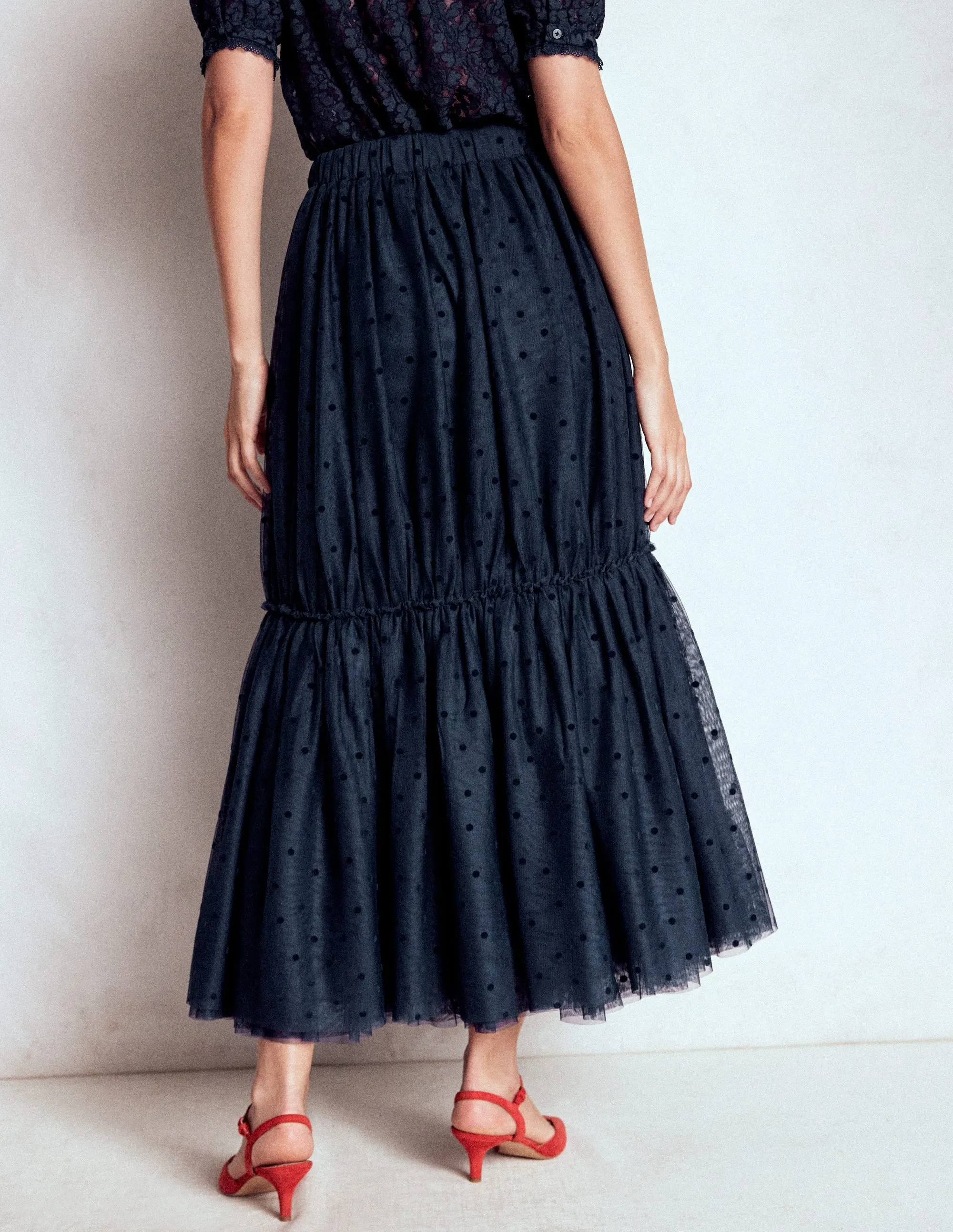 Easy Layers Senior Style Anna Tulle Midi Skirt-Navy Flocked Spot
