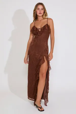 LACE OVERLAY FRONT SLIT RUFFLE DETAILS MAXI DRESS Minimal Curve