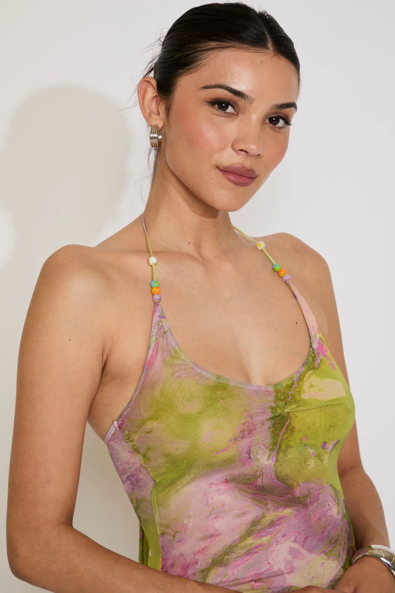 Printed-Lining Trendy Vibes BEADED TIE STRAP FLORAL PRINT ASYMMETRIC MINI DRESS