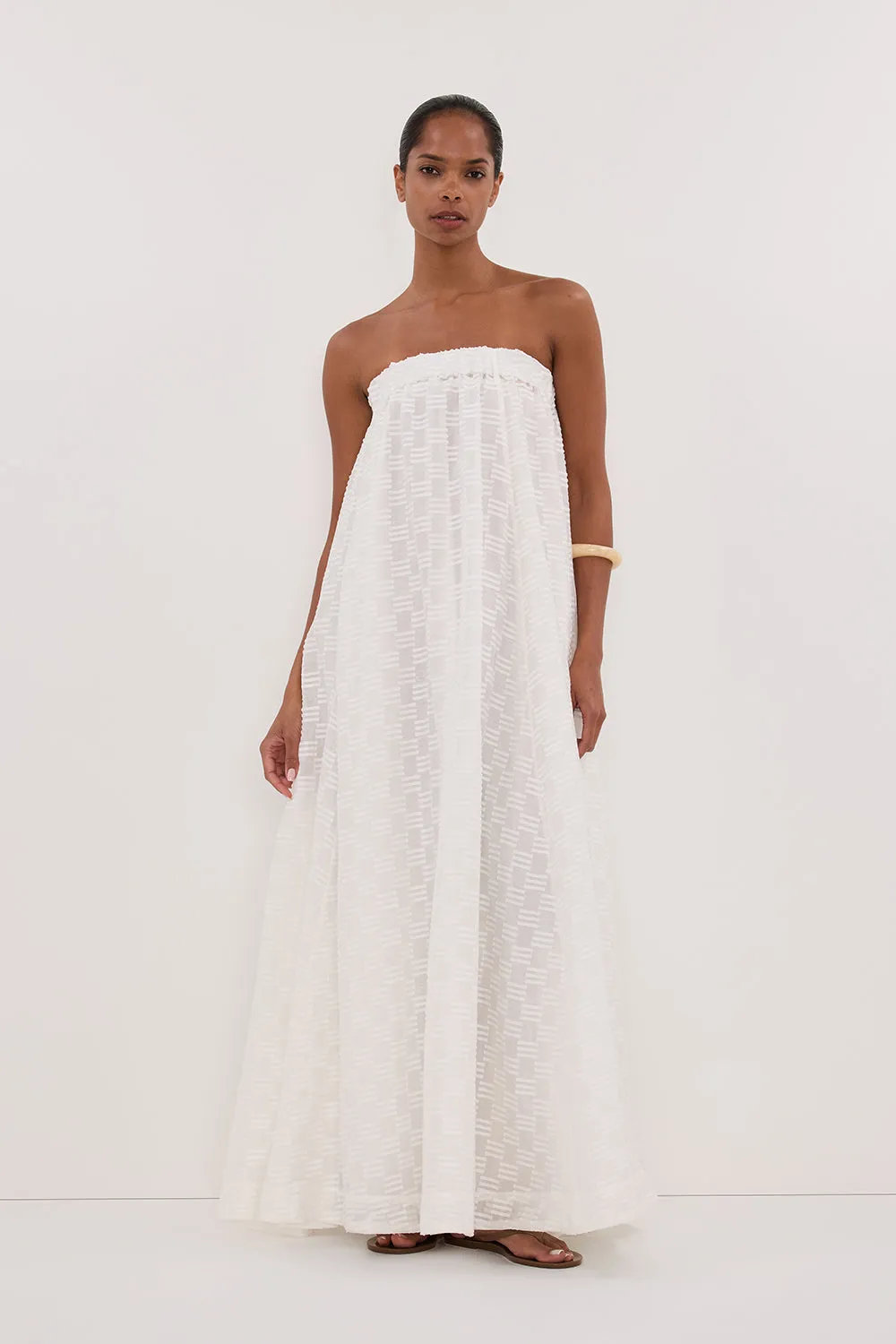 ELBA WHITE SHEER STRAPLESS DRESS Bold Design Luxurious Texture