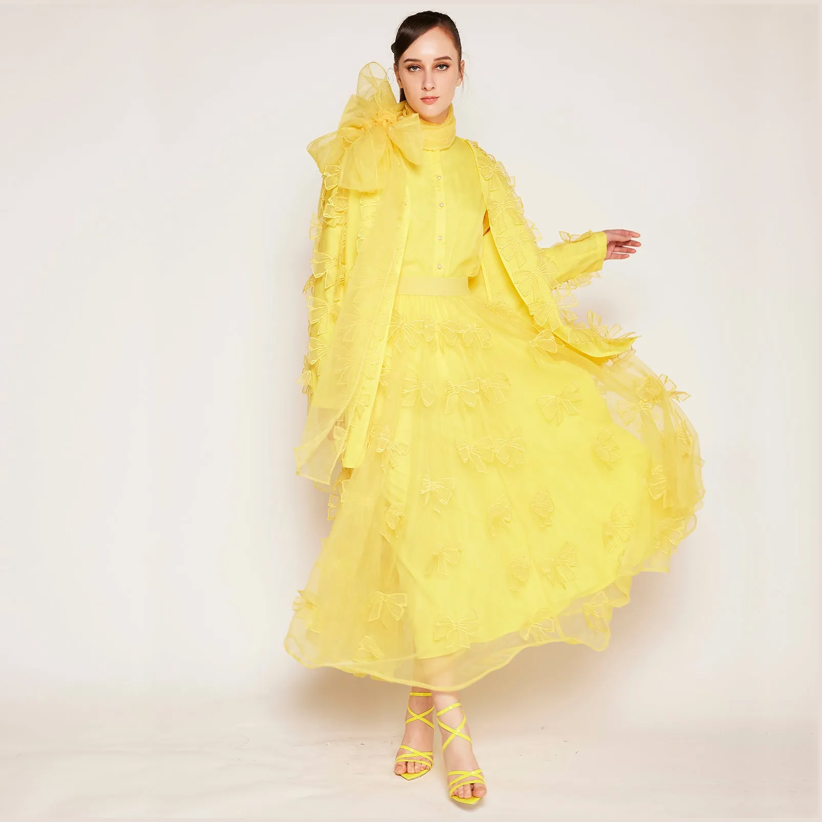 Bows embroidered Organza Skirt High Rise No Ride Up