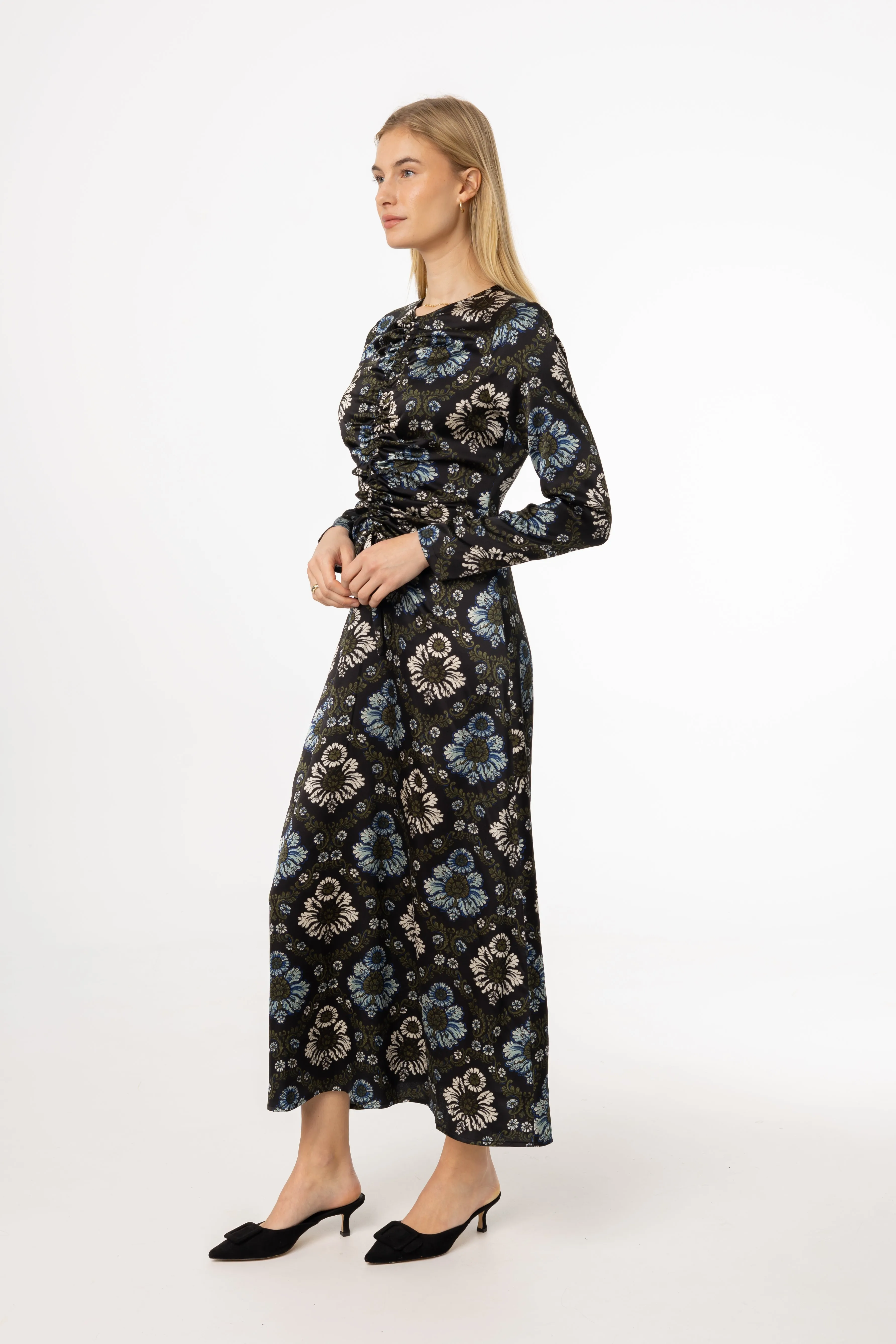 Layered Style Flow Sleeve Green and Blue Printed Ruched Maxi Dress