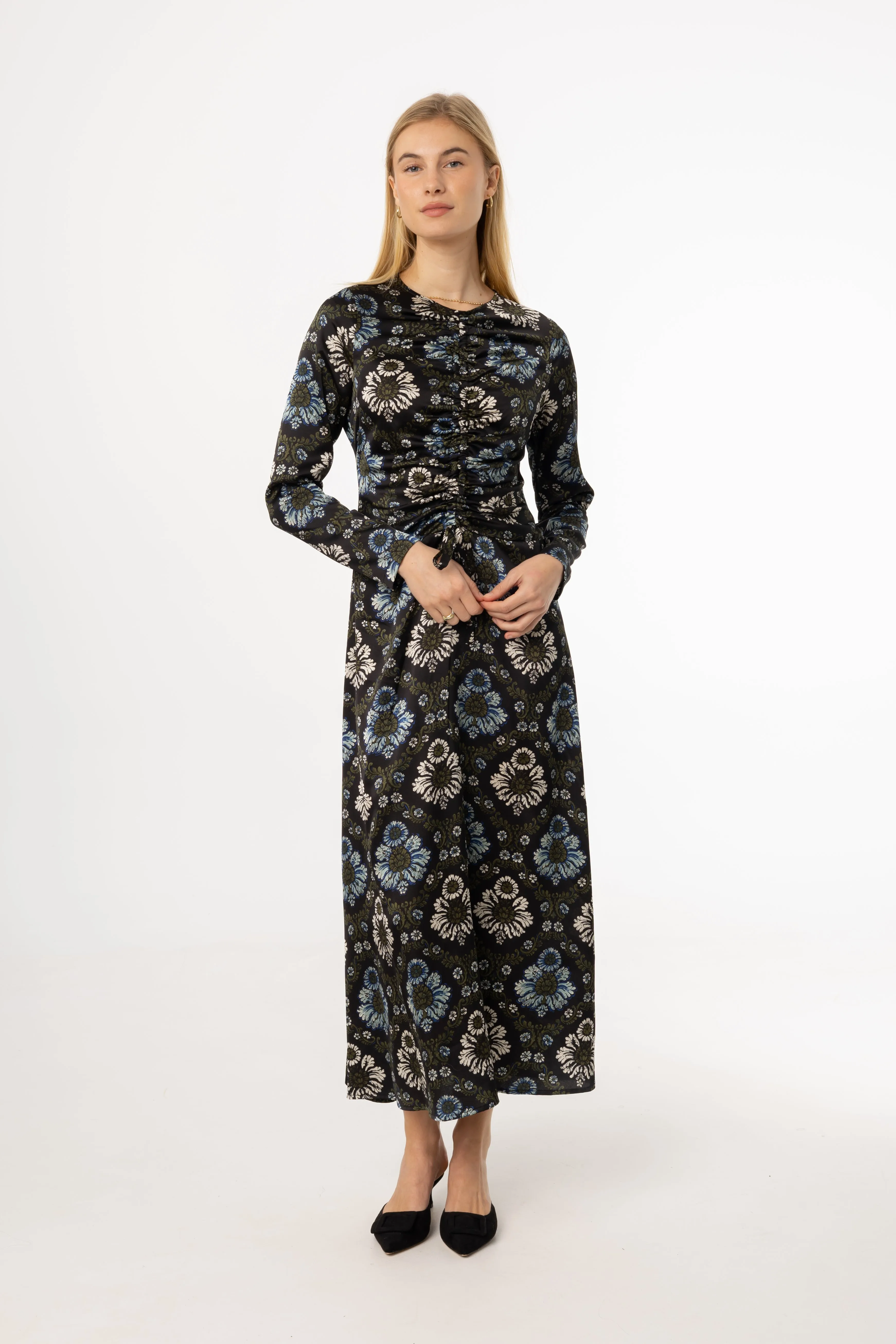 Side Ruching Green and Blue Printed Ruched Maxi Dress