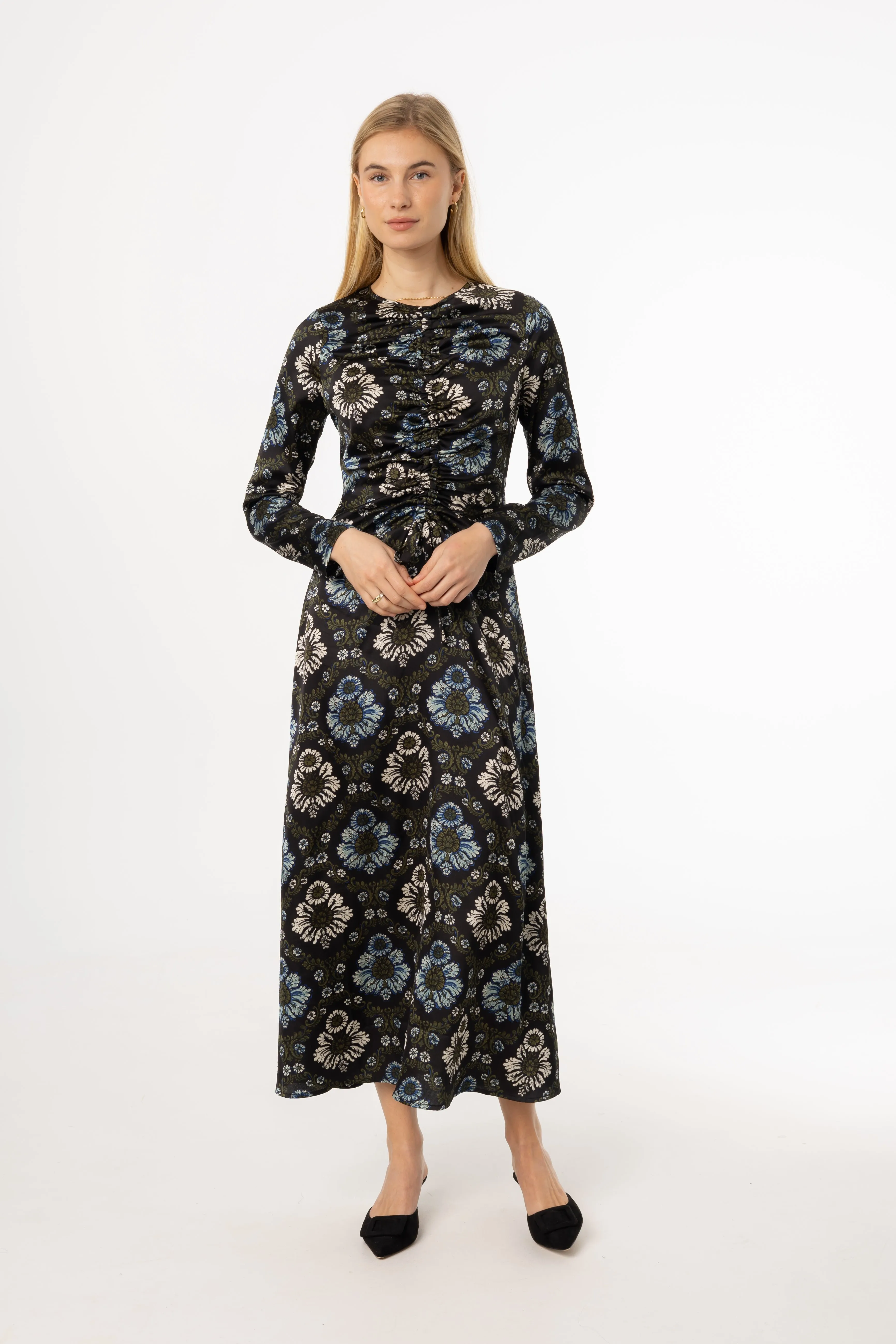 Green and Blue Printed Ruched Maxi Dress UV-Resistant