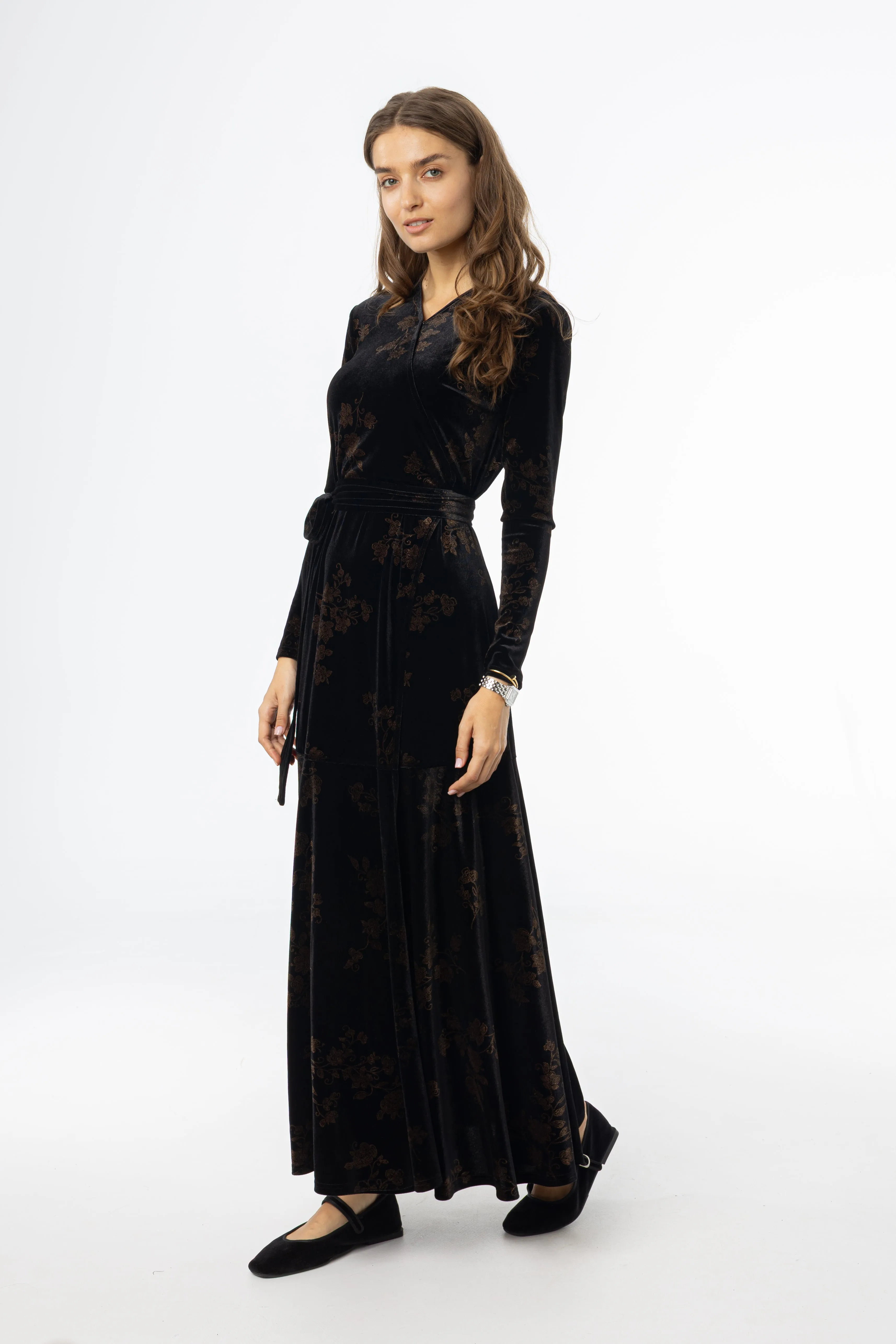 Black & Brown Printed Velour Wrap Dress Skin Hug