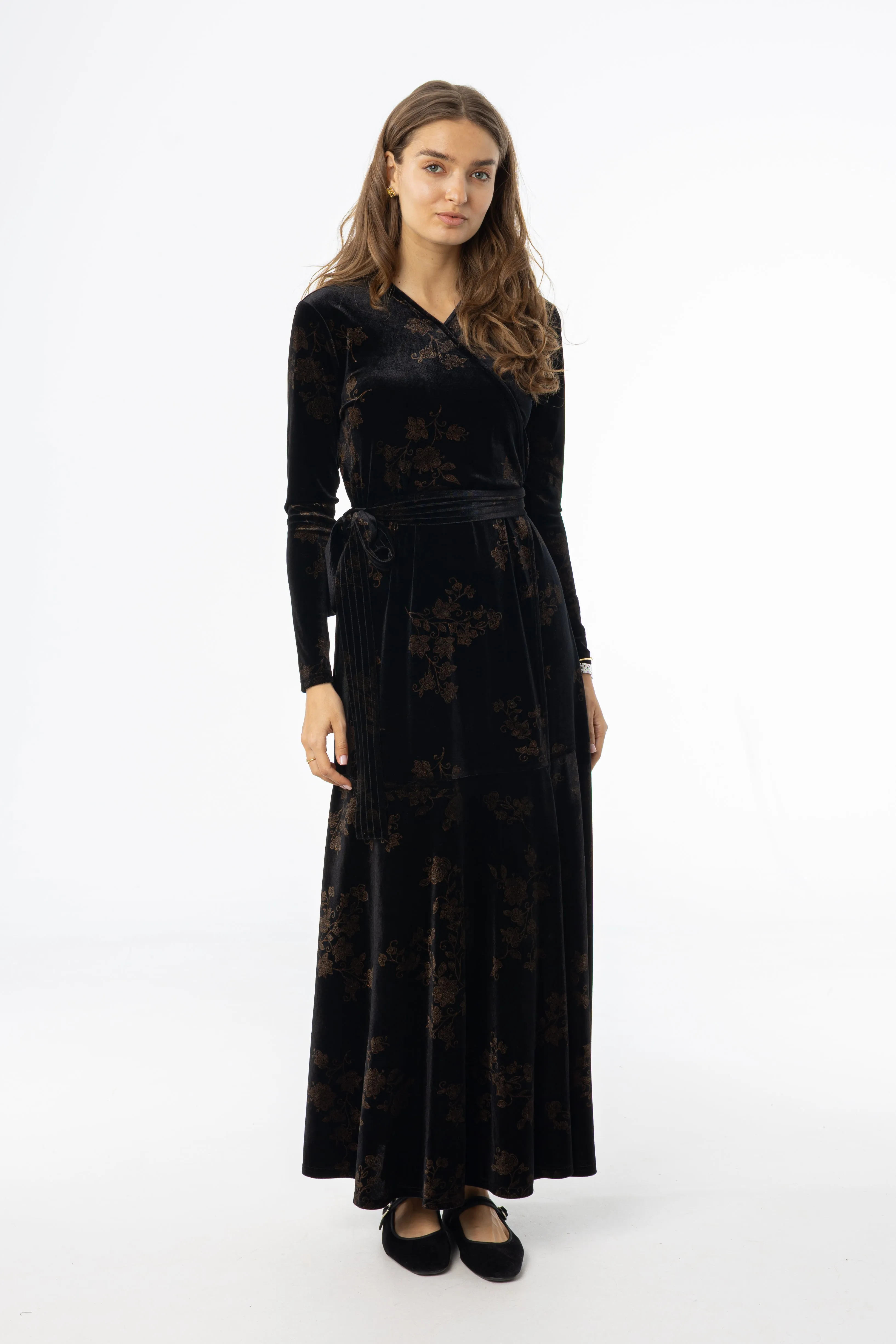 Black & Brown Printed Velour Wrap Dress Influencer-Approved
