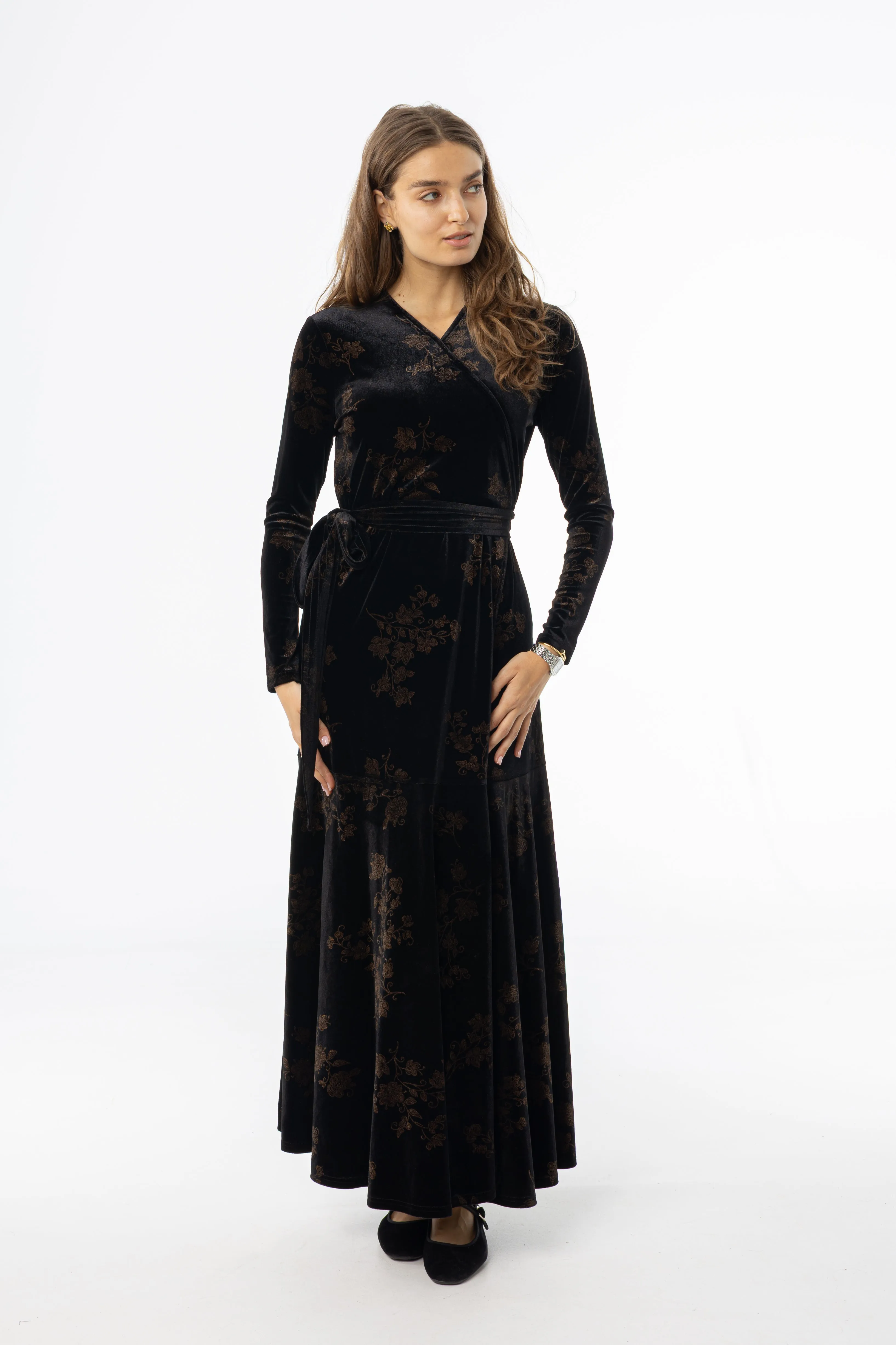 Smooth-Finish Delicate Touch Black & Brown Printed Velour Wrap Dress