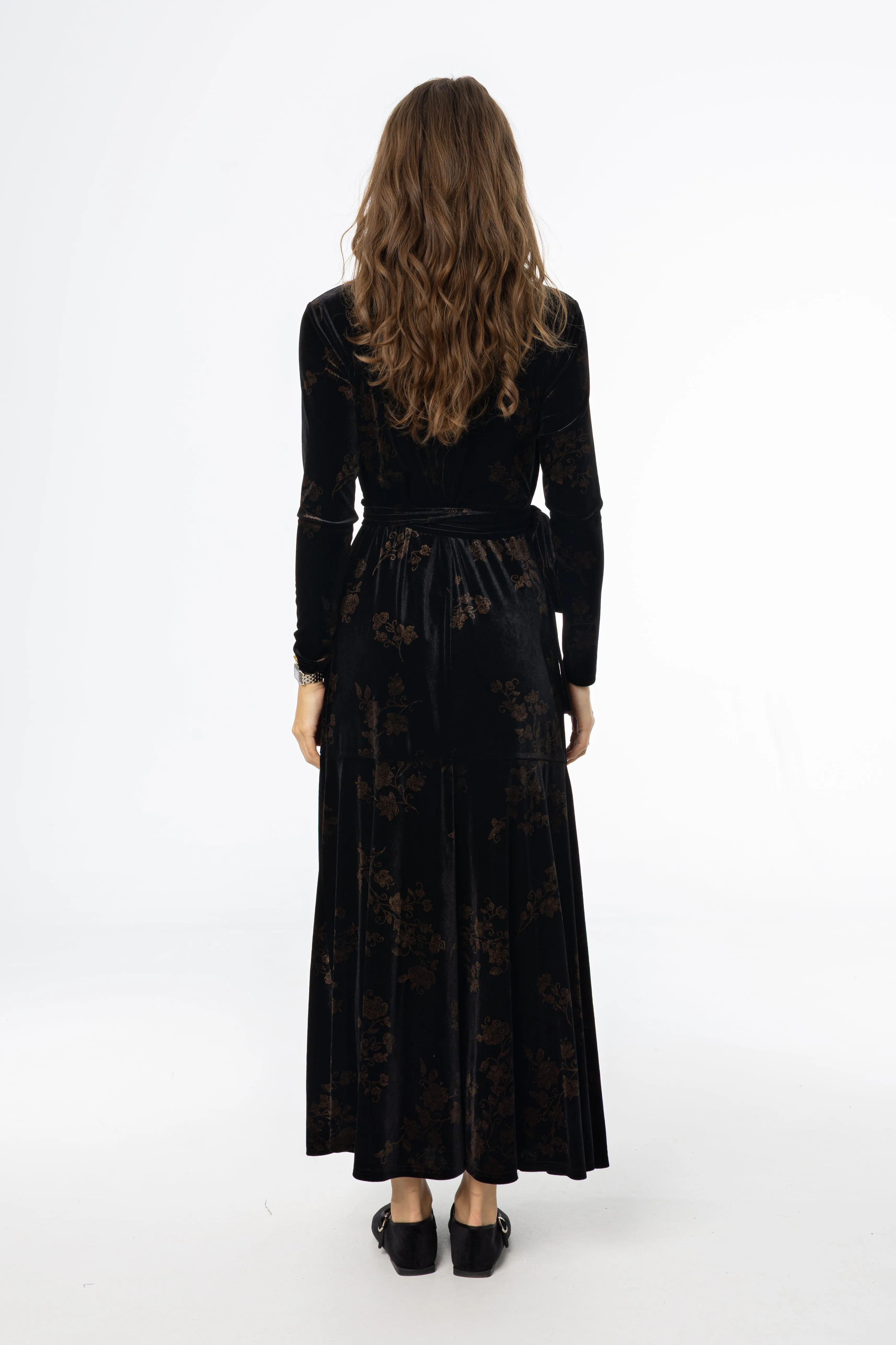 Black & Brown Printed Velour Wrap Dress Flattering Style Flattering Waistband