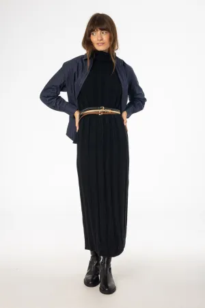 Black Ribbed Knit Turtleneck Maxi Dress Tailored Style