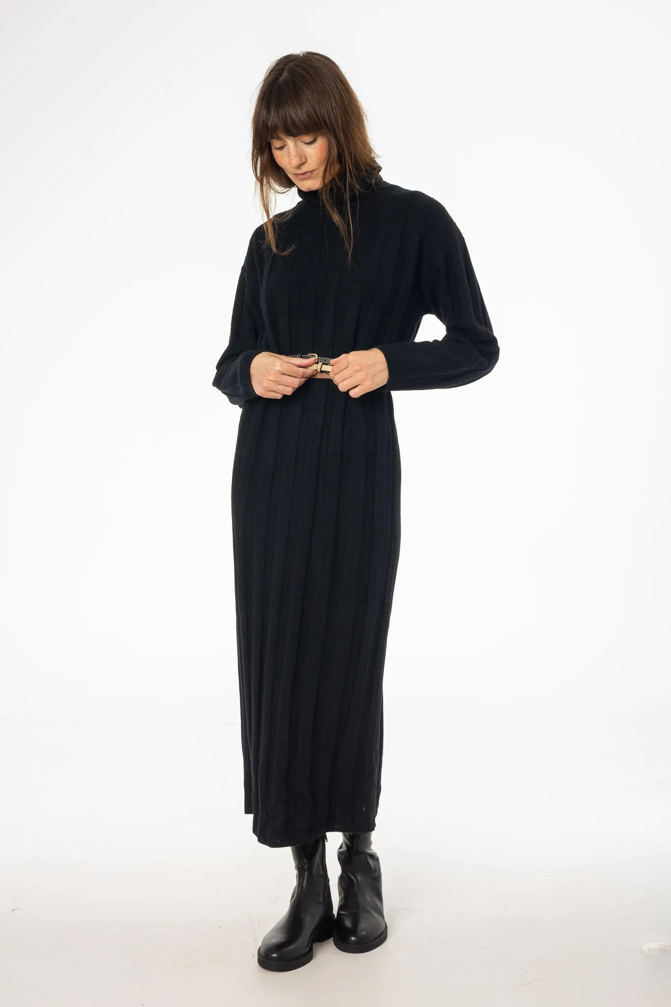 Flattering Look Fit Black Ribbed Knit Turtleneck Maxi Dress