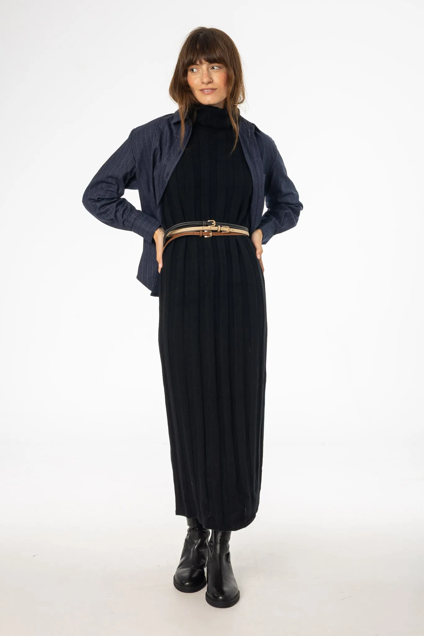 Black Ribbed Knit Turtleneck Maxi Dress Tailored Style