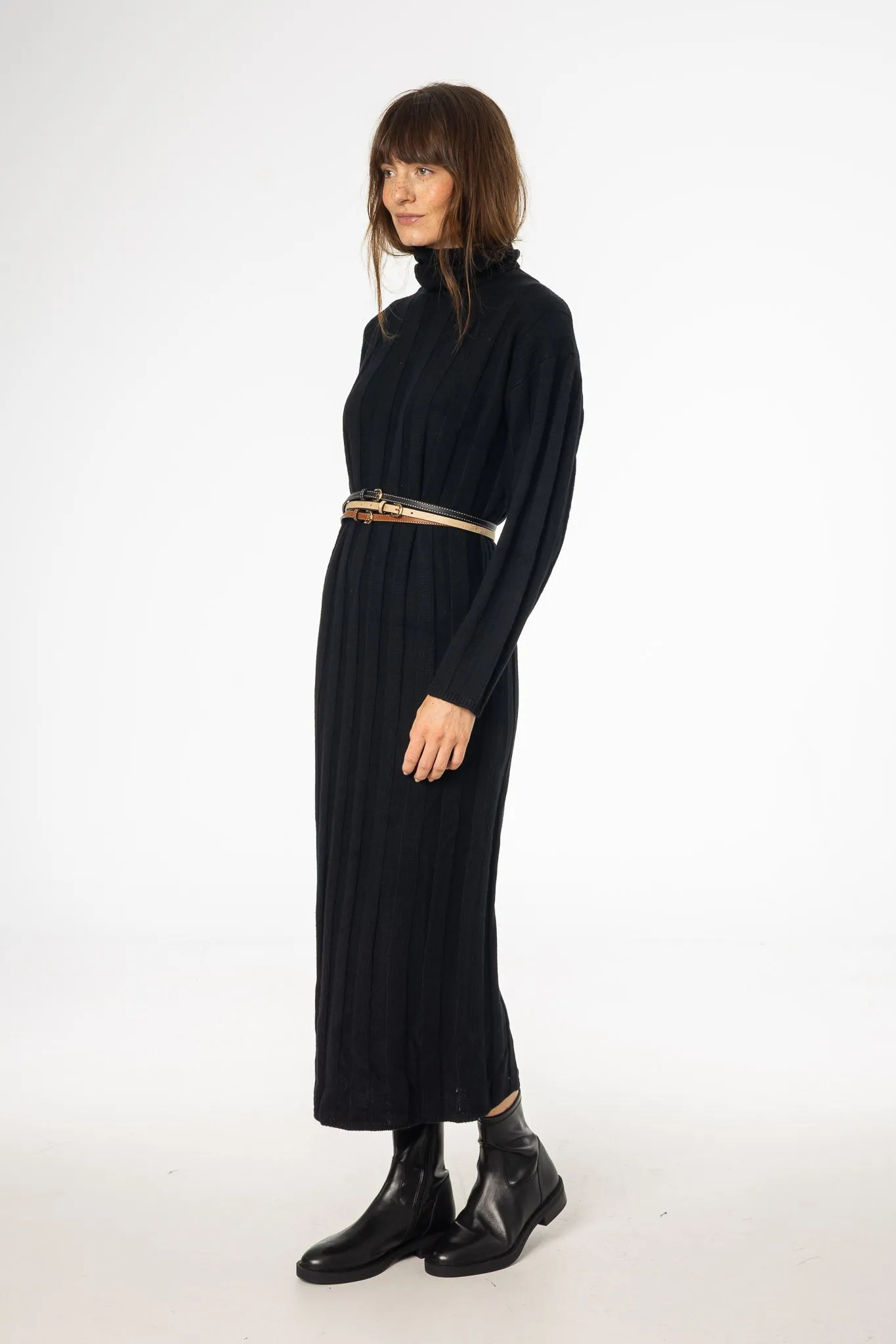 Black Ribbed Knit Turtleneck Maxi Dress Silky-Lining One-Shoulder