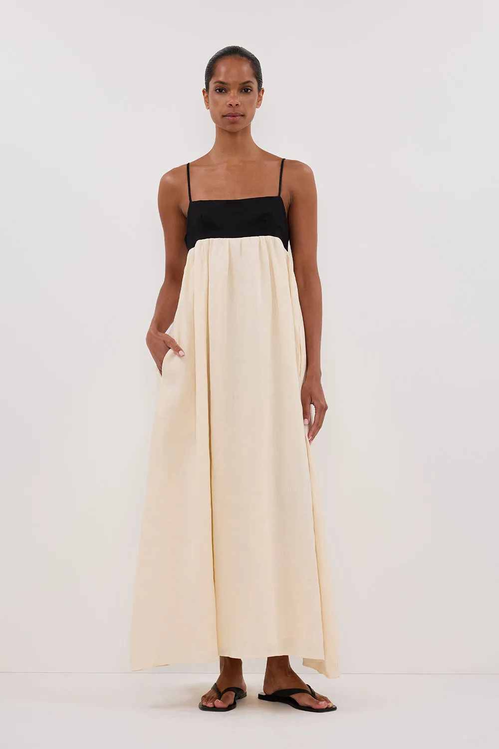 Contemporary Fit Dropped-Waist ELENA BUTTERMILK LINEN MAXI DRESS