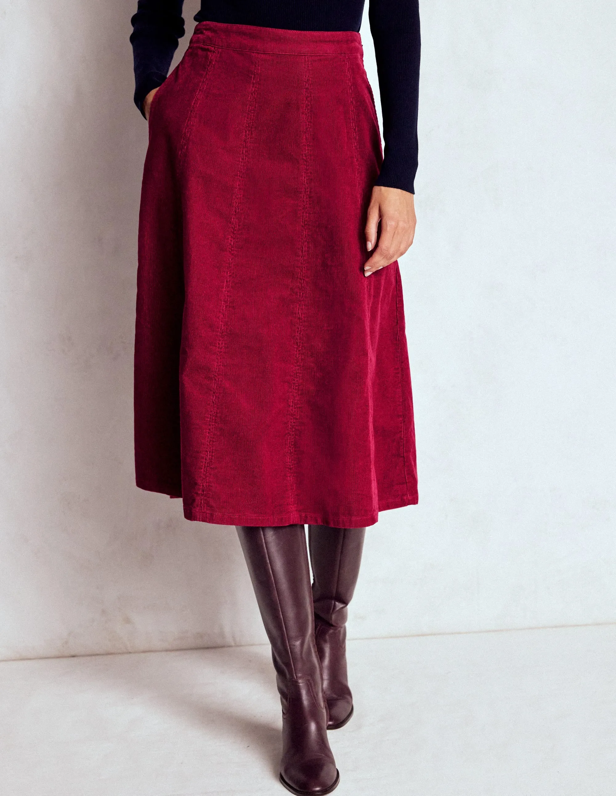 Adjustable Hem Joy Cord Midi Skirt-Burgundy Red