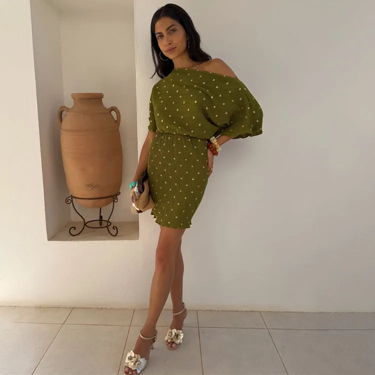 Khaki Mini Plisse Tilly Dress Bodycon-Fit Neutral Aesthetic