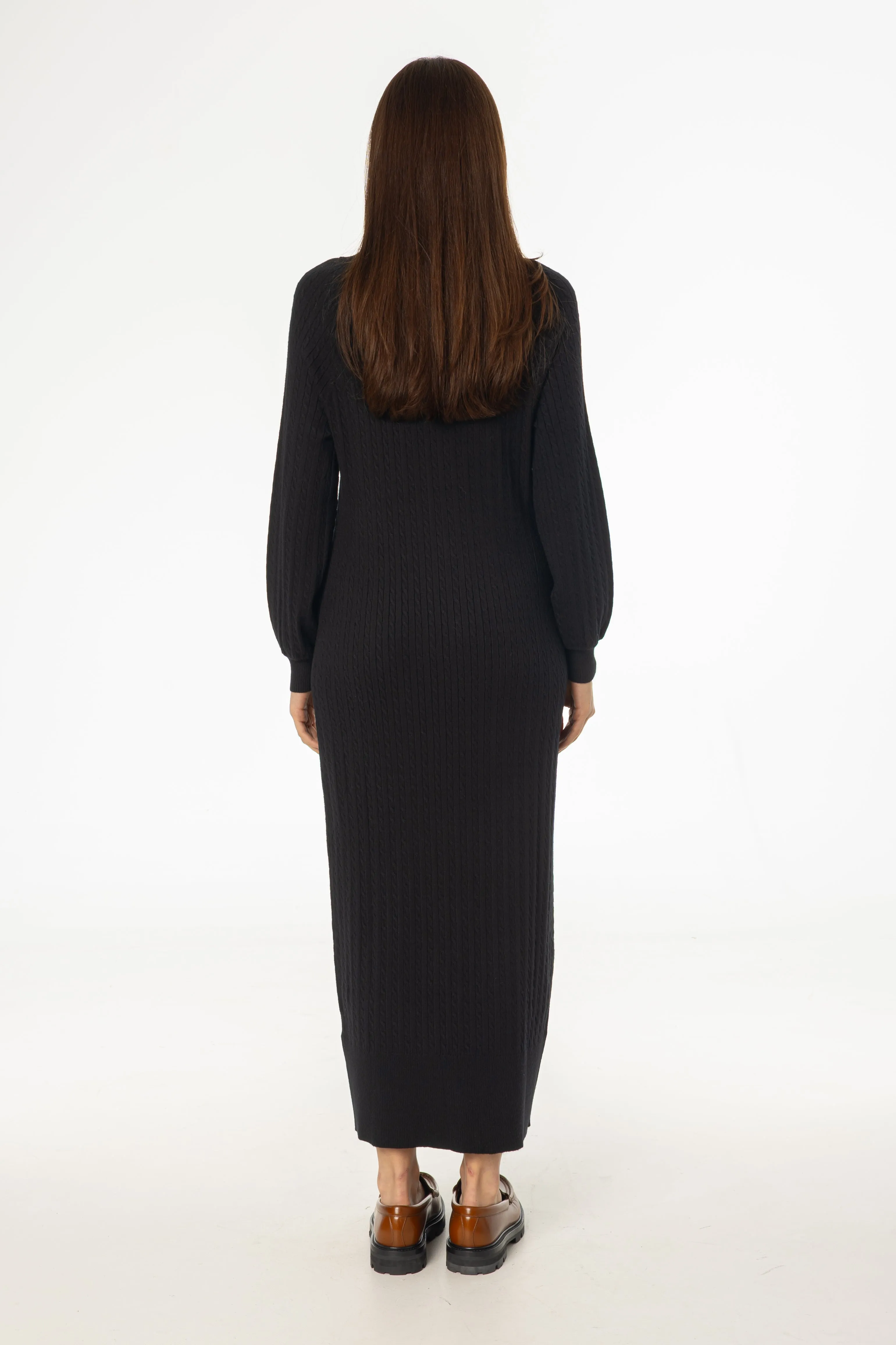 Tailored Mood Subtle Stitch Black Turtleneck Cable Knit Maxi Dress