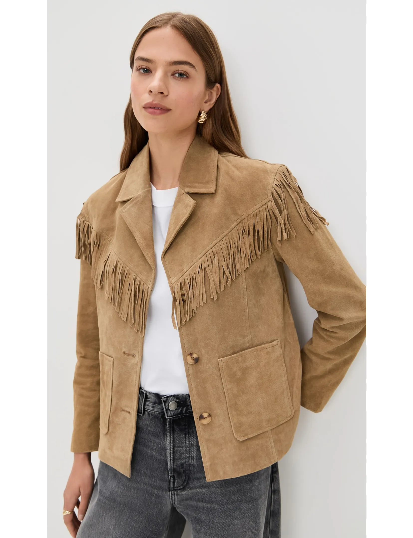 Non Bulky Design ReinforcedElbows Faux Suede Fringe Jacket, Herbal Therapy