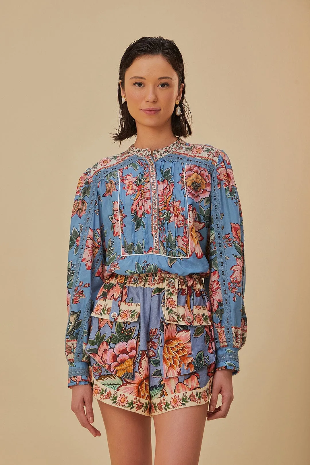 Blue Wonderful Bouquet Euroflax? Linen Shorts Thermoregulating Fabric