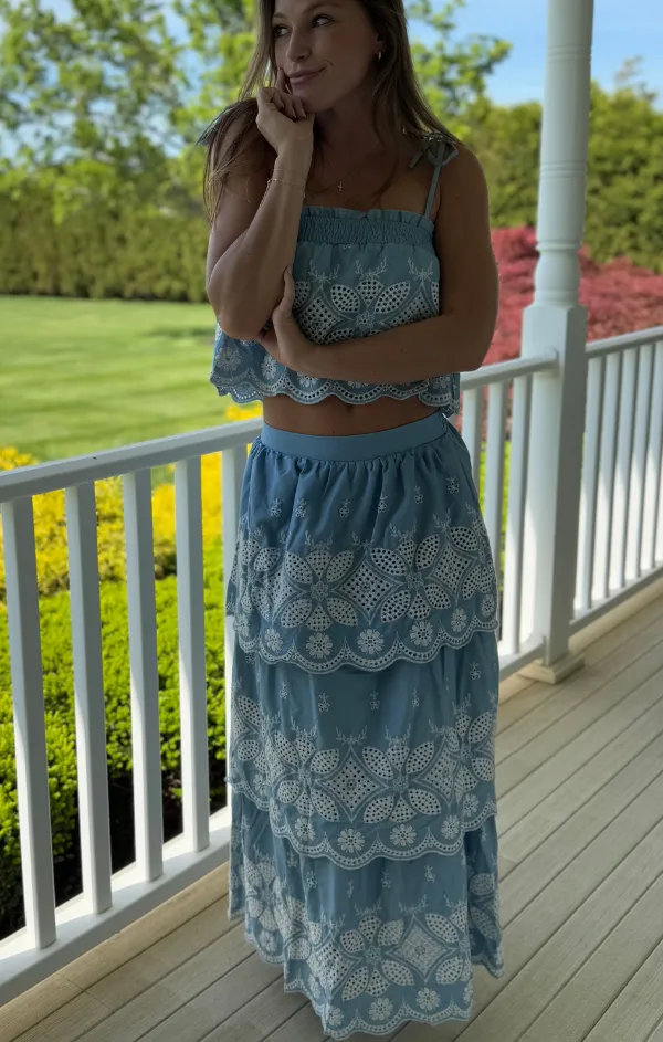 Chambray Embroidered Maxi Skirt Set Soft Tones Winter Layering