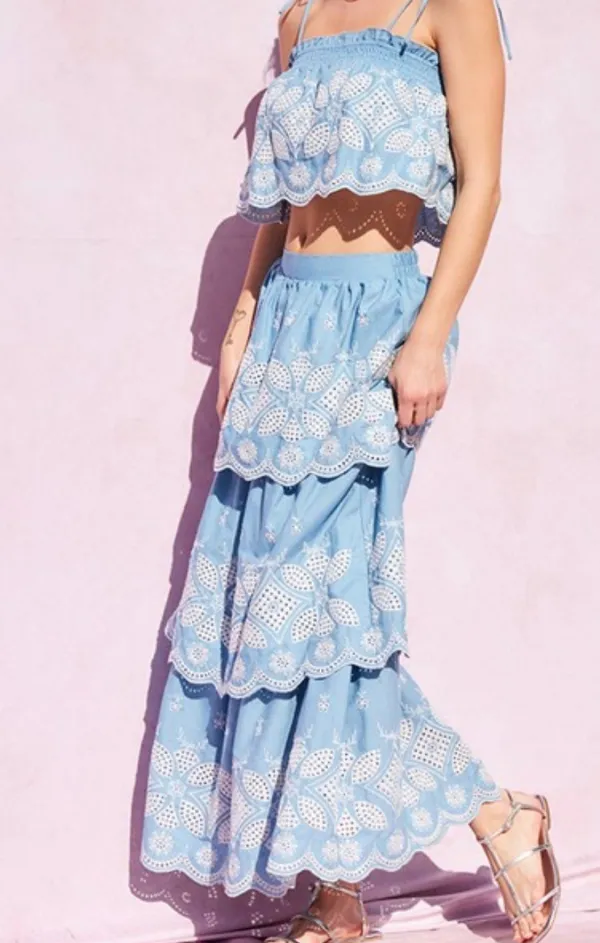 Silk Touch Chambray Embroidered Maxi Skirt Set