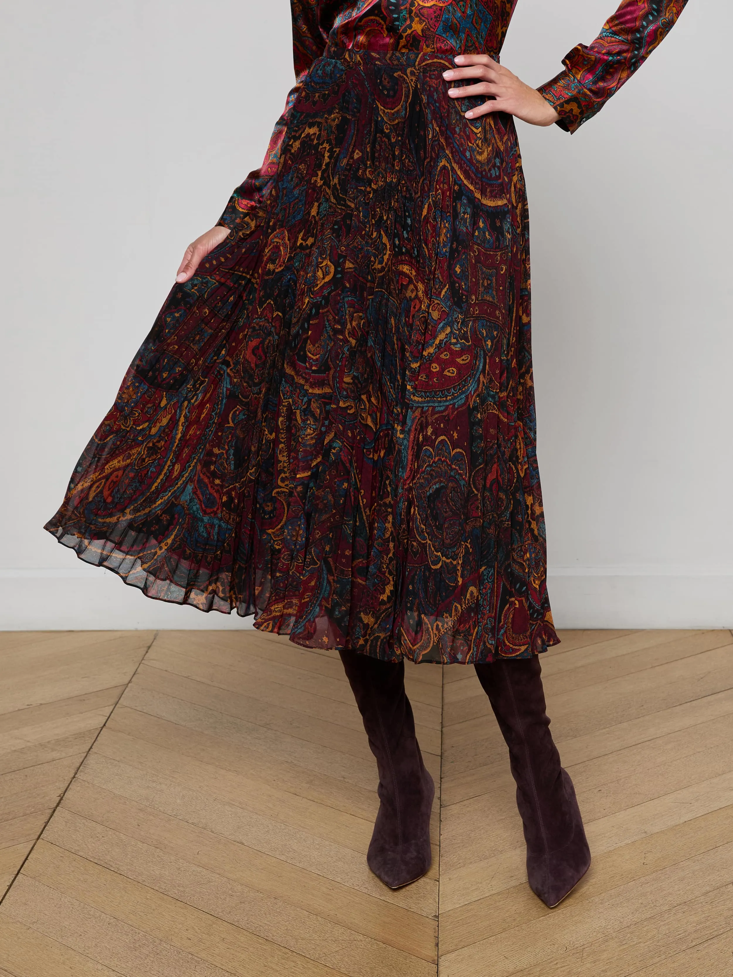 Fernanda Pleated Midi Skirt Patchwork Design Modern Luxe