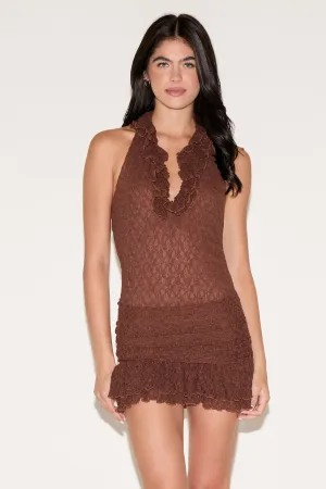 Beauty Zone Fresh Palette RUFFLED HALTER NECK RUCHED LACE MINI DRESS
