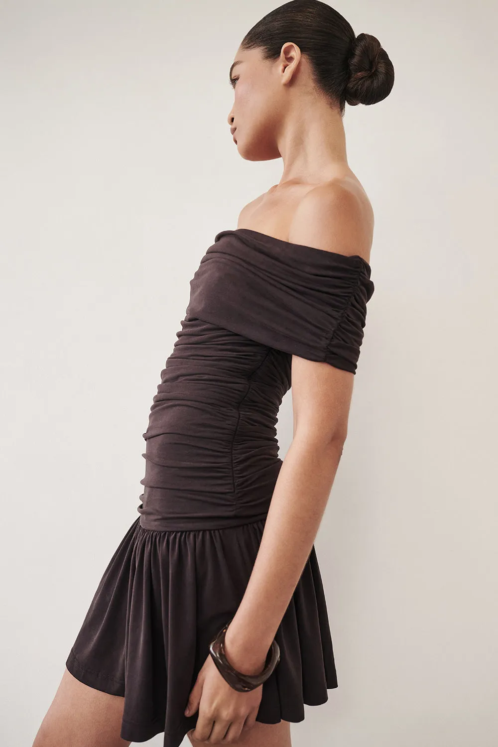 FEZ BURNT CHOC OFF SHOULDER MINI DRESS Timeless Fit Look