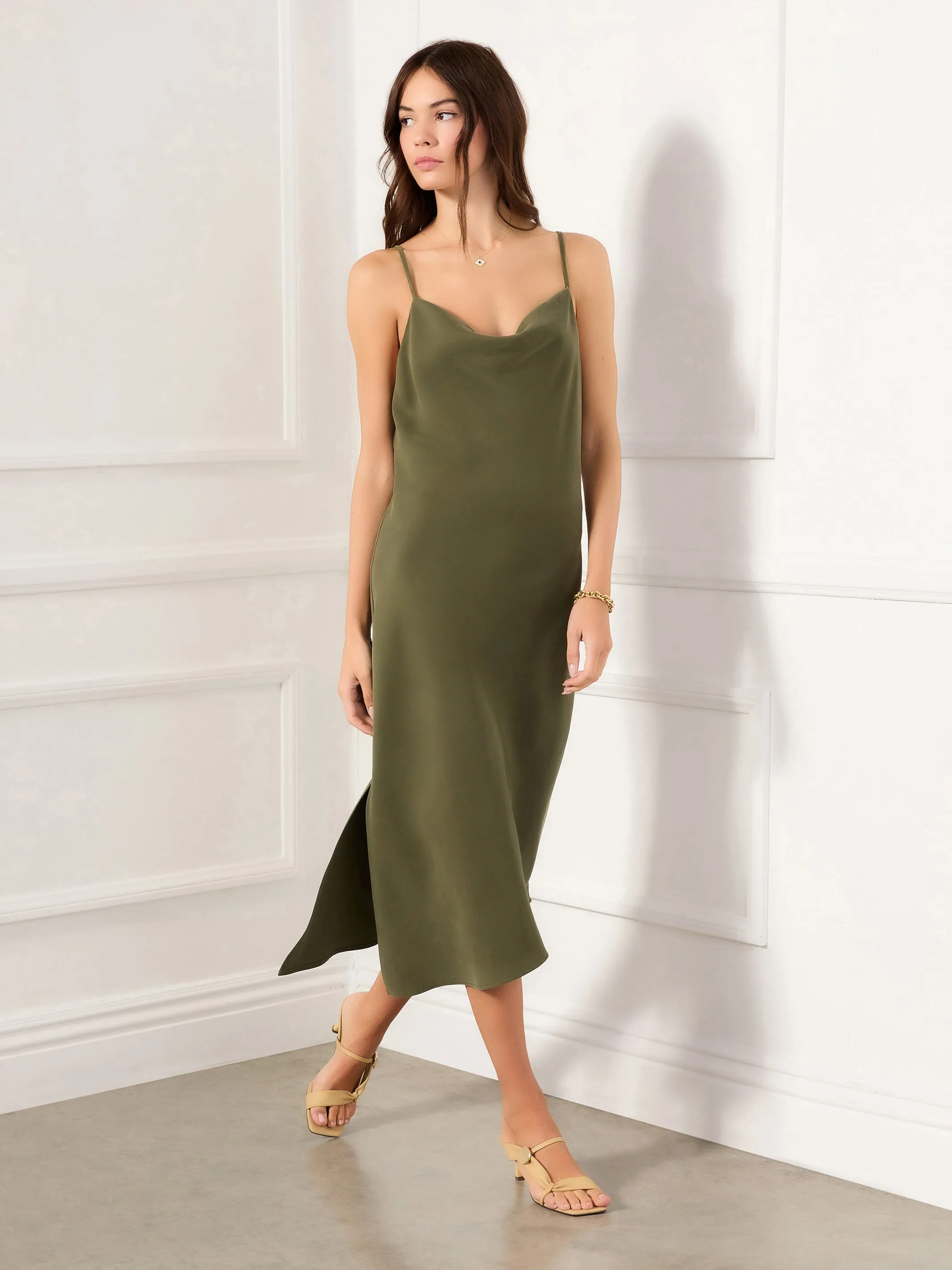 Cowl Neck Slip Dress Subtle Drape Smooth Mood