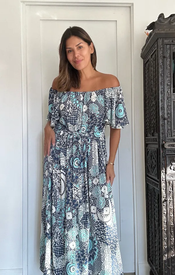 Smooth Wear Romantic Bloom Flair Sleeve Off Shoulder Belted Dress