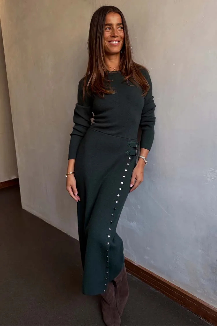 FastDrying Textured Weave Bottle Green Stud Sammie Dress