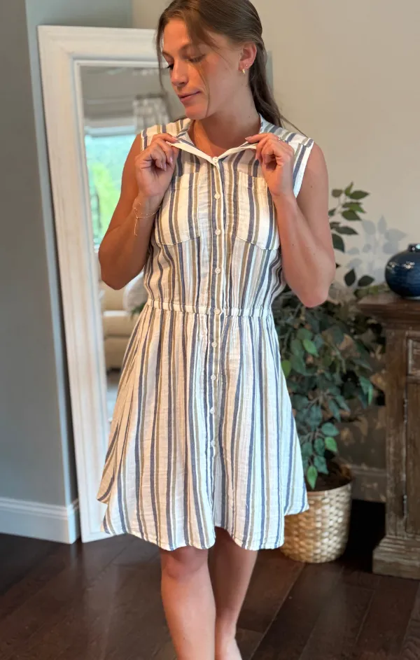 Bold Structure Sleeveless Button Front Gauze Dress