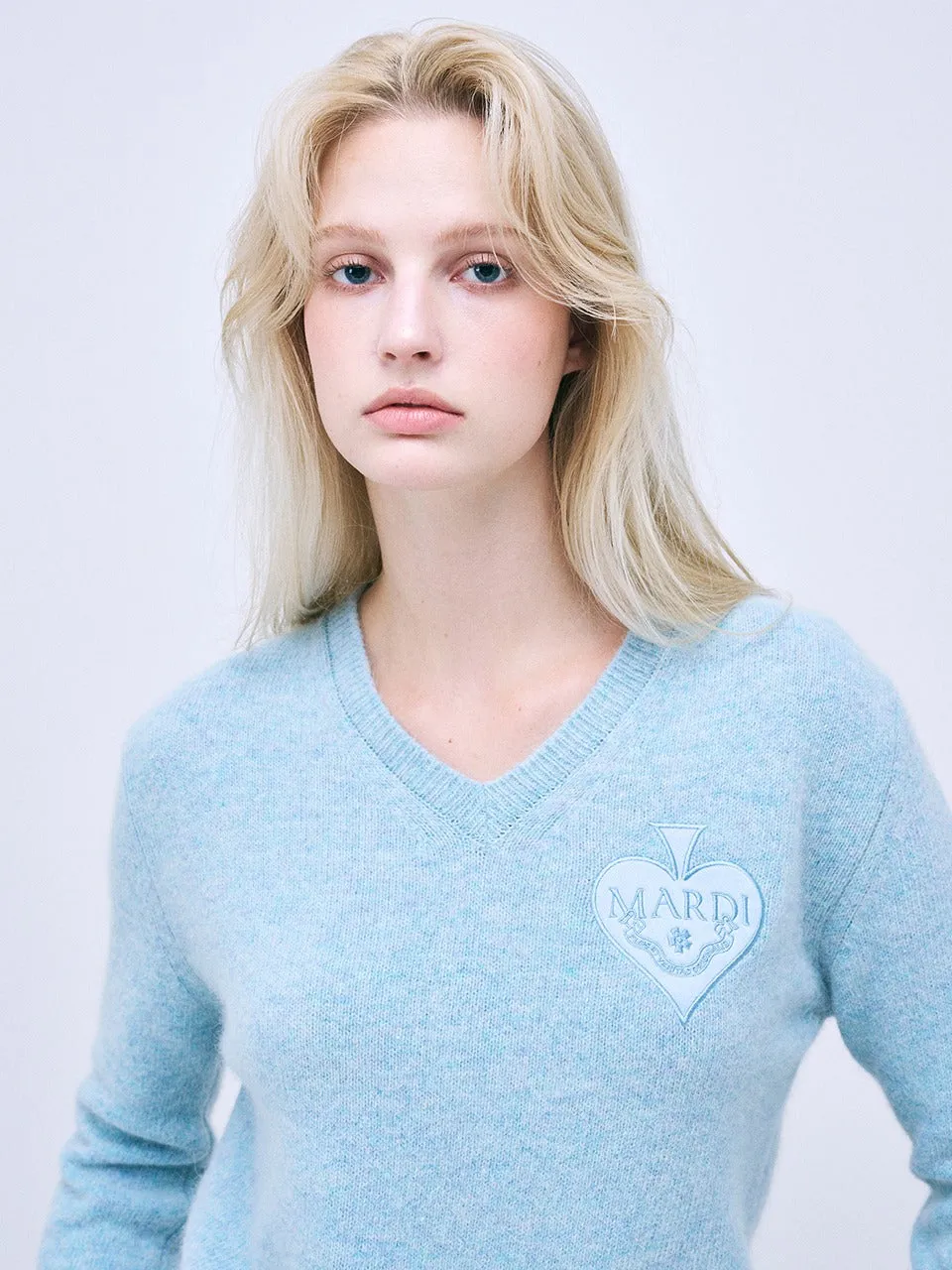 RACCOON BLENDED V NECK SATIN SPADE_MINT Ribbed Collar Detail HighDensity Knit