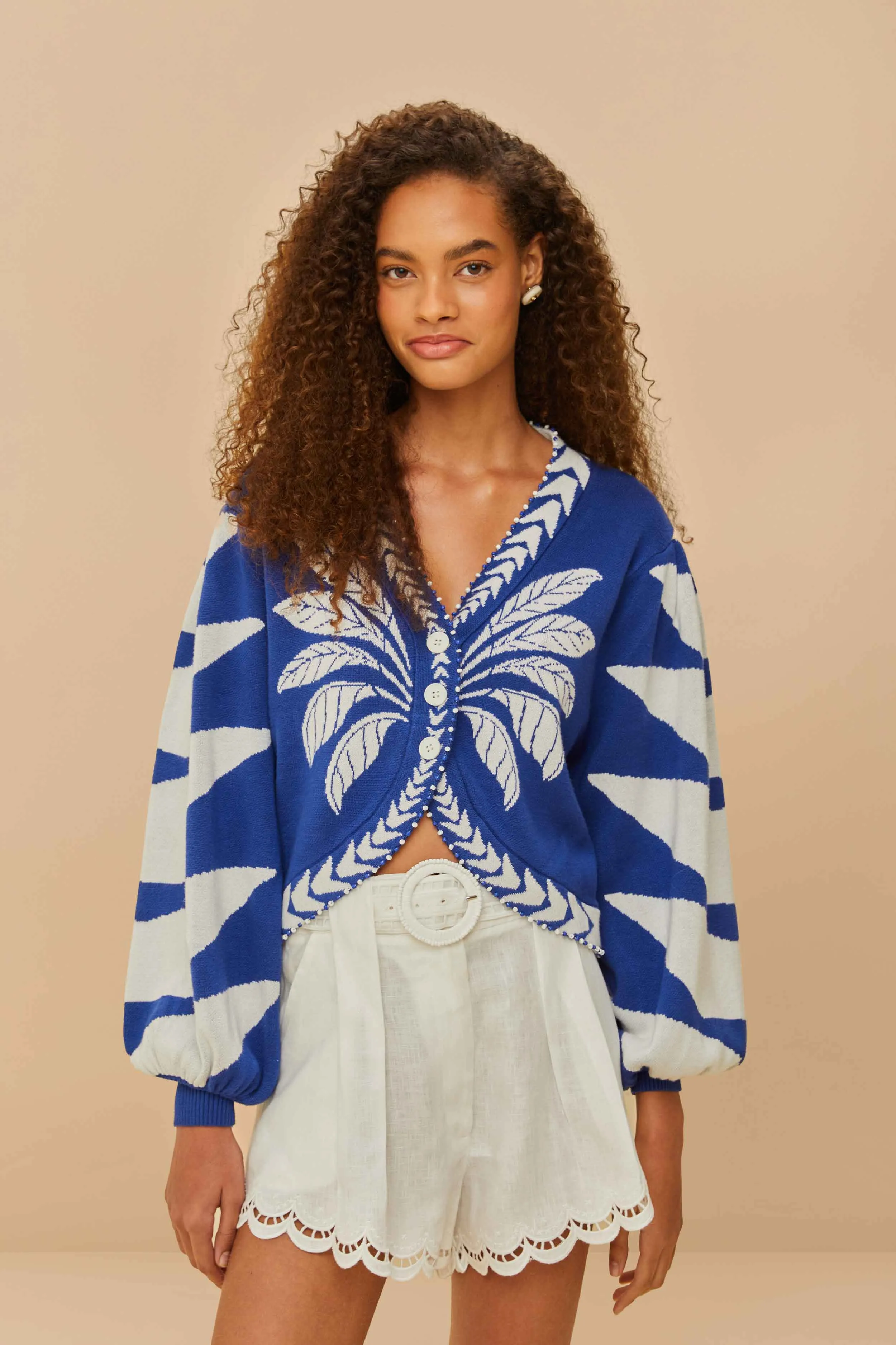 Minimal Warmth Double Layered Collar Blue Palms Graphic Knit Cardigan