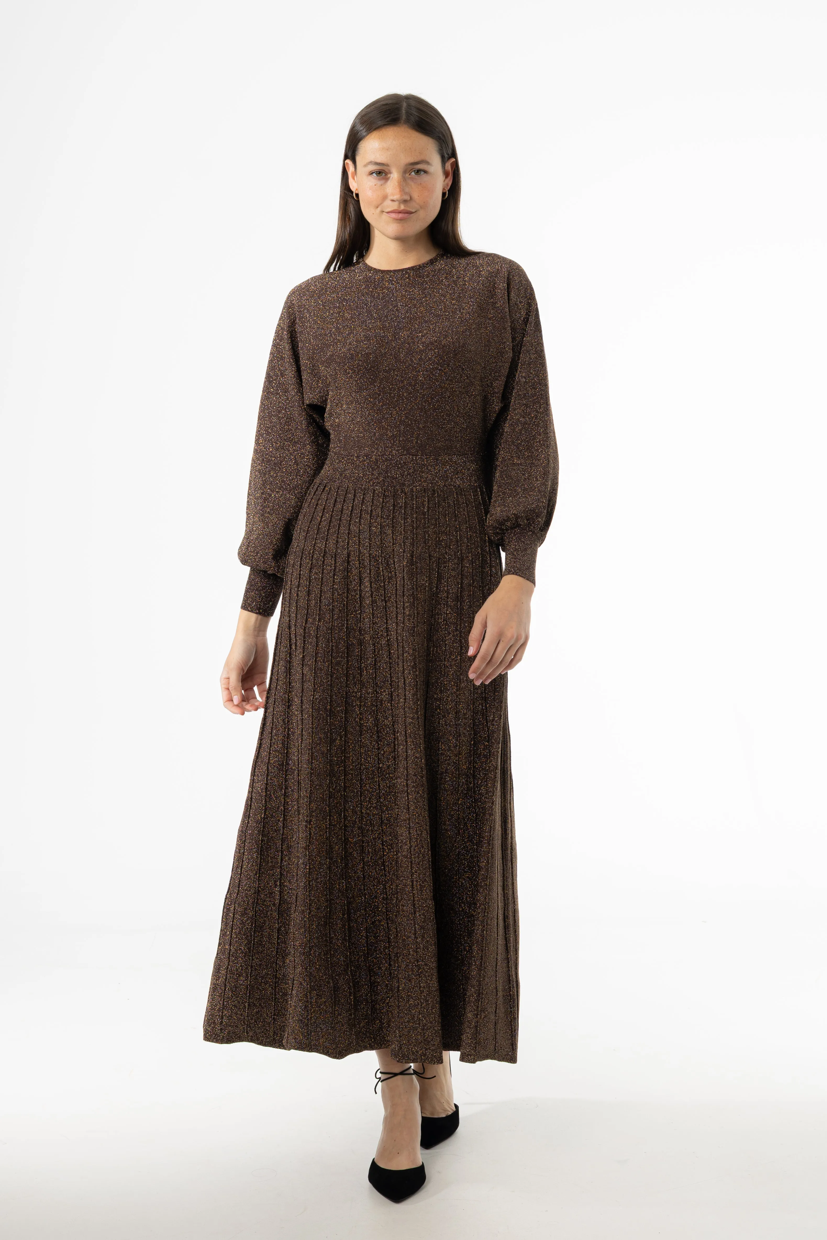 Work Flex Bold-Color Bronze Shimmer Accordion Maxi Dress