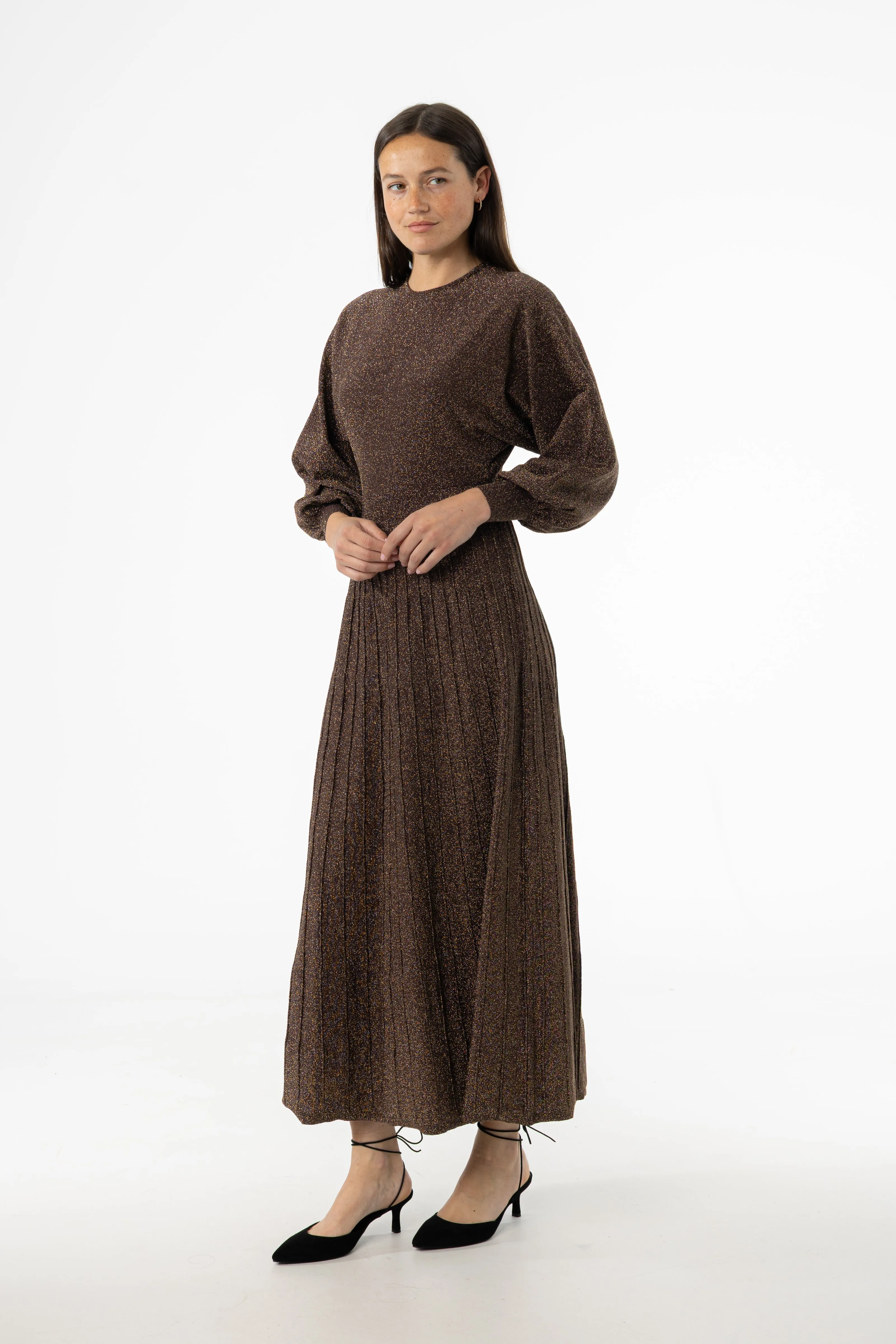 Bronze Shimmer Accordion Maxi Dress Perfect Fit Wear