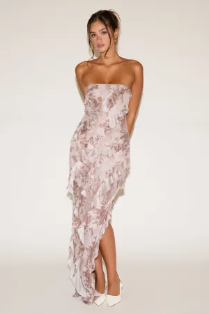 Calm Aesthetic Daily Flex FLORAL PRINT BIAS RUFFLE STRAPLESS MAXI DRESS
