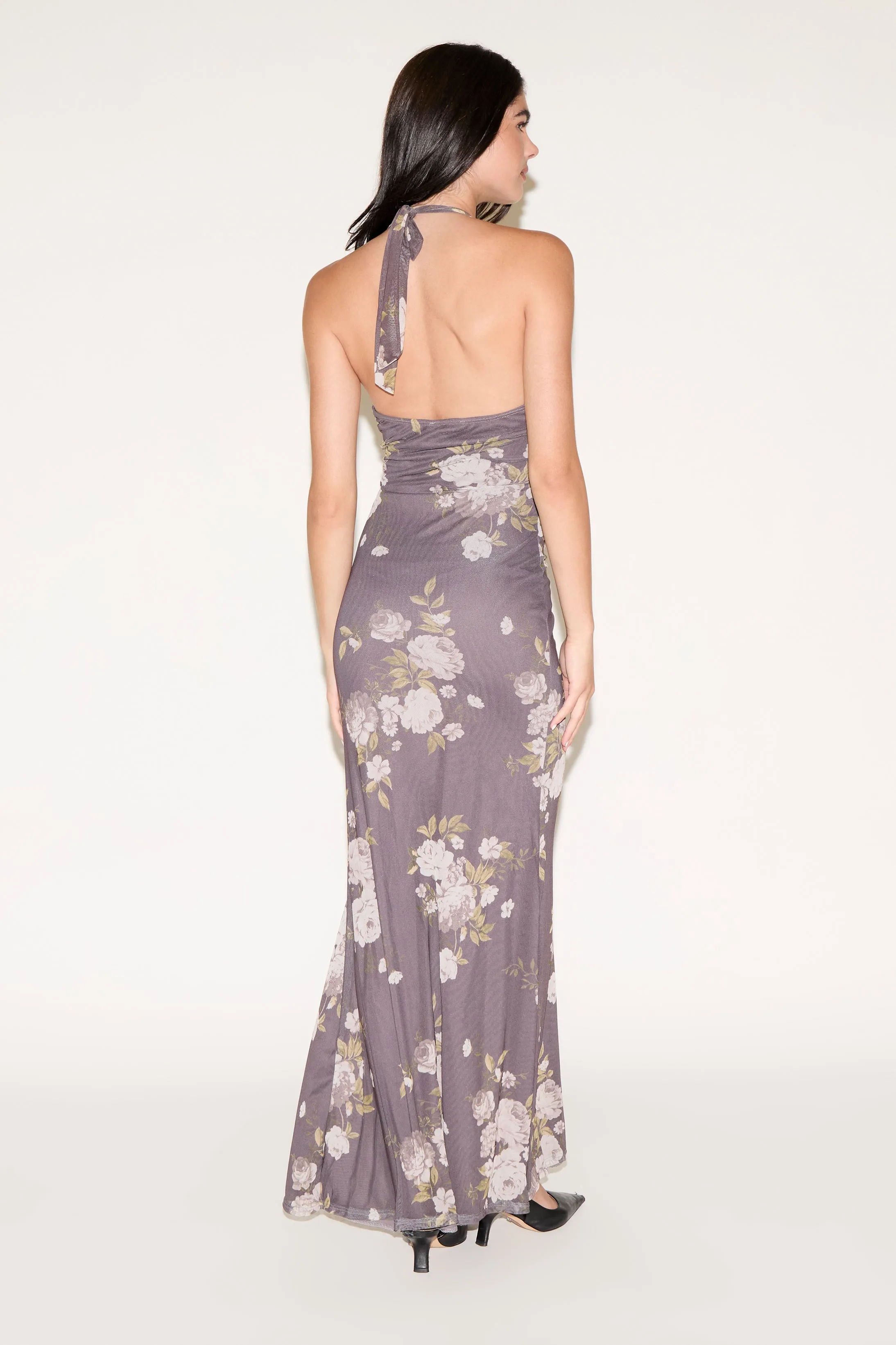 FLORAL PRINT TIE NECK MAXI DRESS WITH SIDE SLIT Autumn Mood