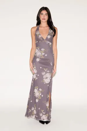 FLORAL PRINT TIE NECK MAXI DRESS WITH SIDE SLIT Velvet-Edge