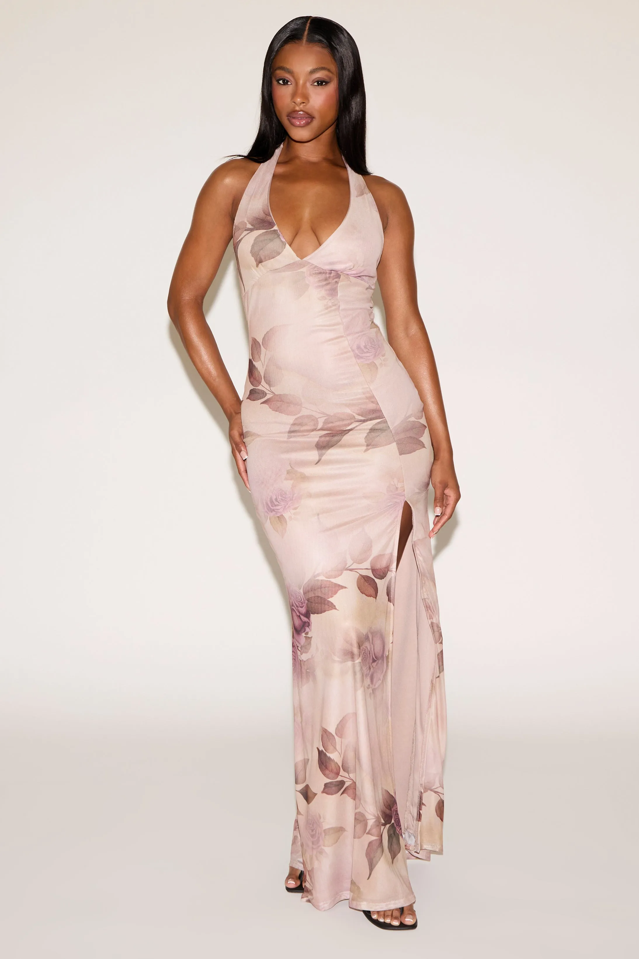 V-Neck Bodycon-Fit FLORAL PRINT TIE NECK MAXI DRESS WITH SIDE SLIT