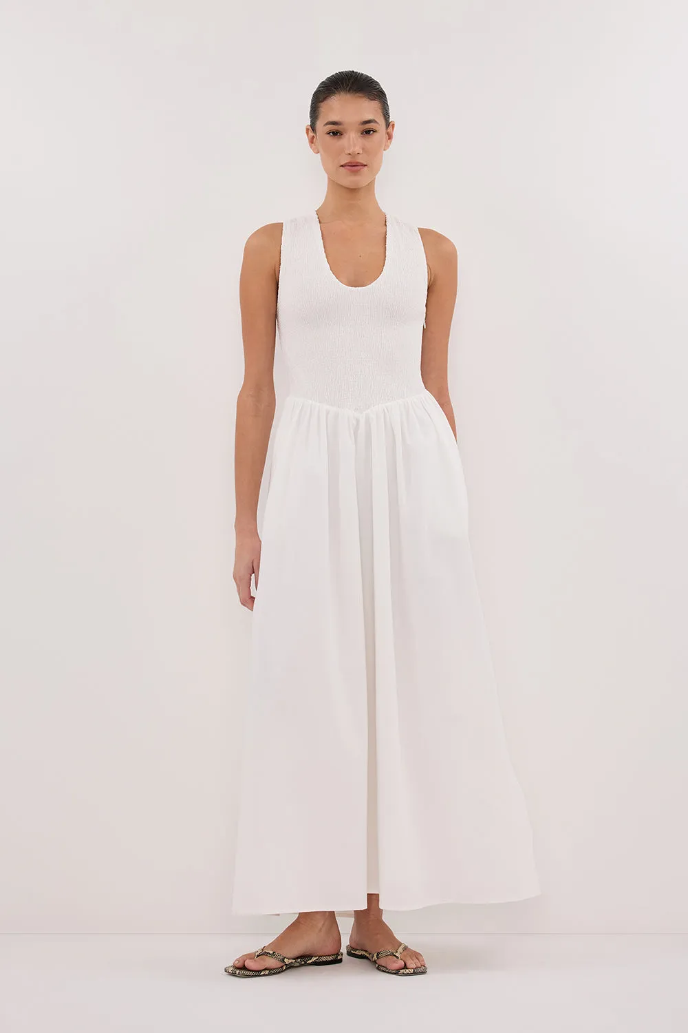 FLORENCE WHITE SLEEVELESS COTTON MIDI DRESS Timeless Energy All-Day Fit