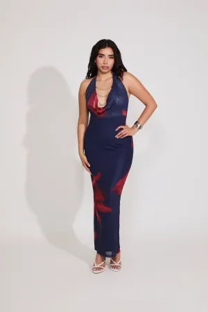 Event Safe ABSTRACT FLORAL TIE NECK DEEP COWL MAXI DRESS