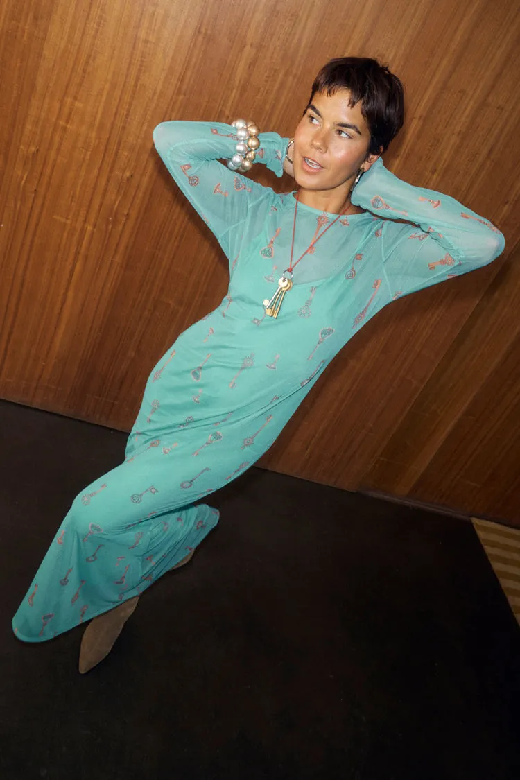 Turquoise Key Mesh Dress Vacation Outfit Sleek and Simple