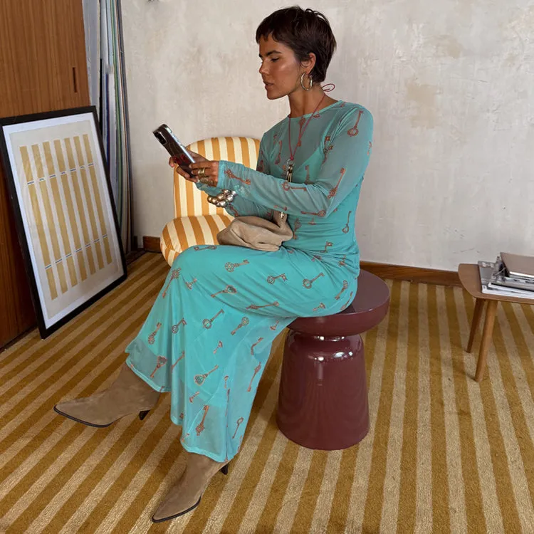 Movement Feel Turquoise Key Mesh Dress