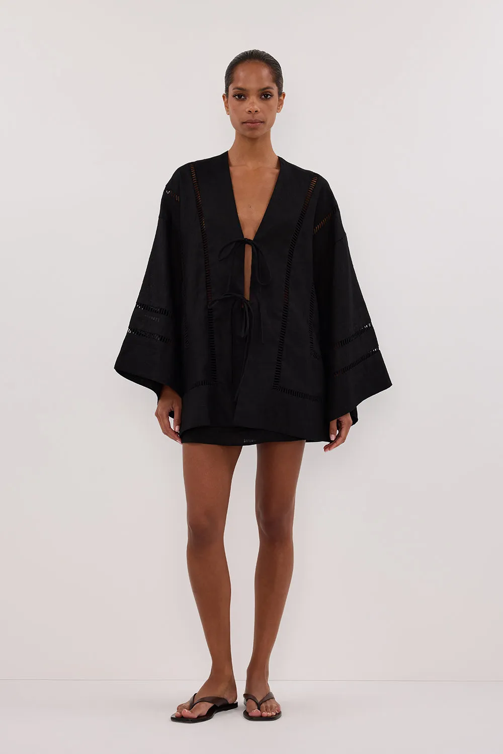 Ethically Made Drawstring closure LINDSAY BLACK LINEN SKORT