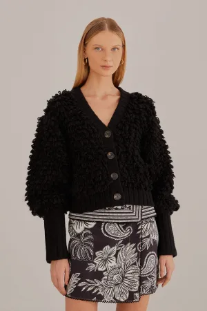 Black Textured V Neck Cardigan Fresh Outfit Ribbed Trim