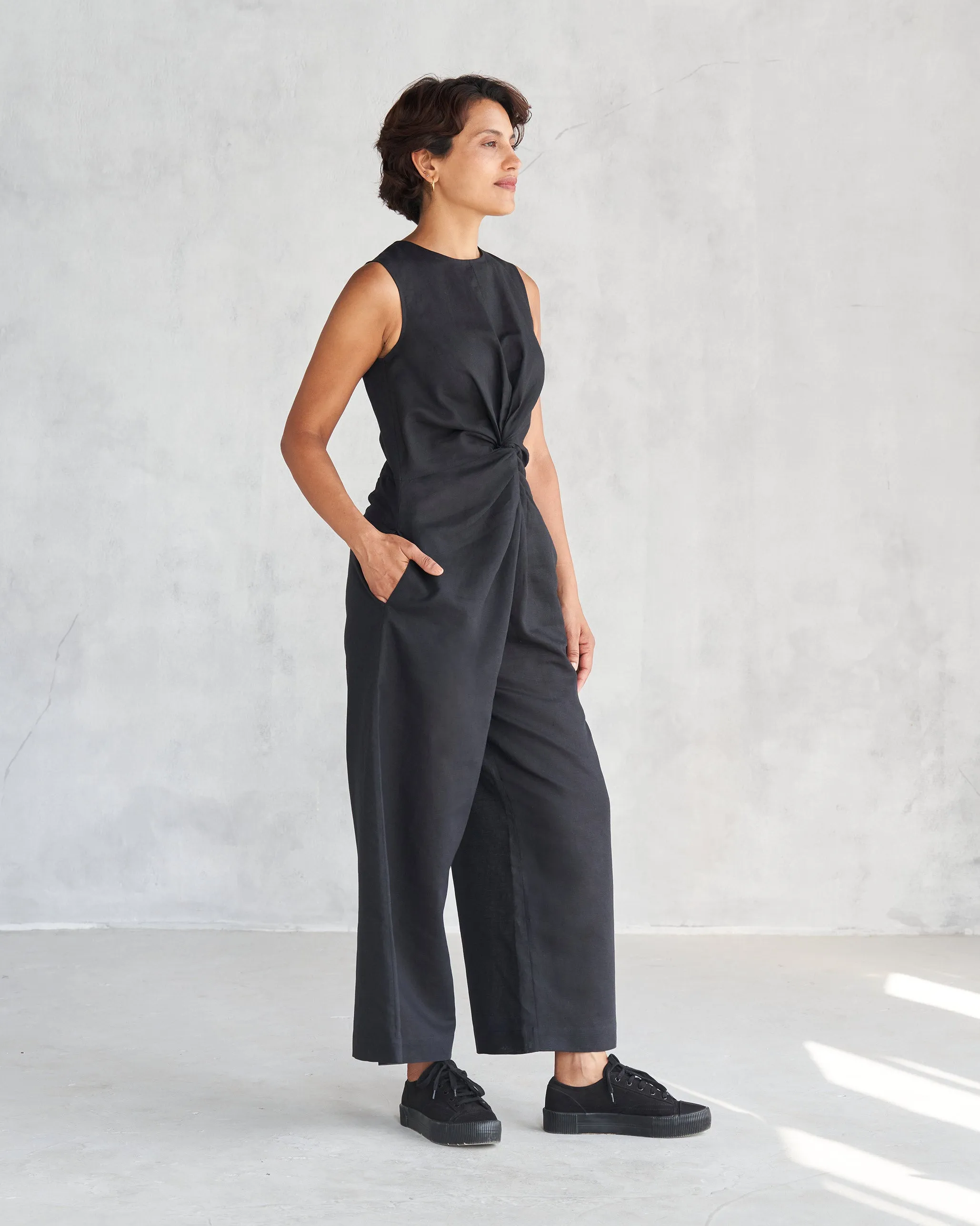 Figure-Skimming Front Knot Jumpsuit - Black