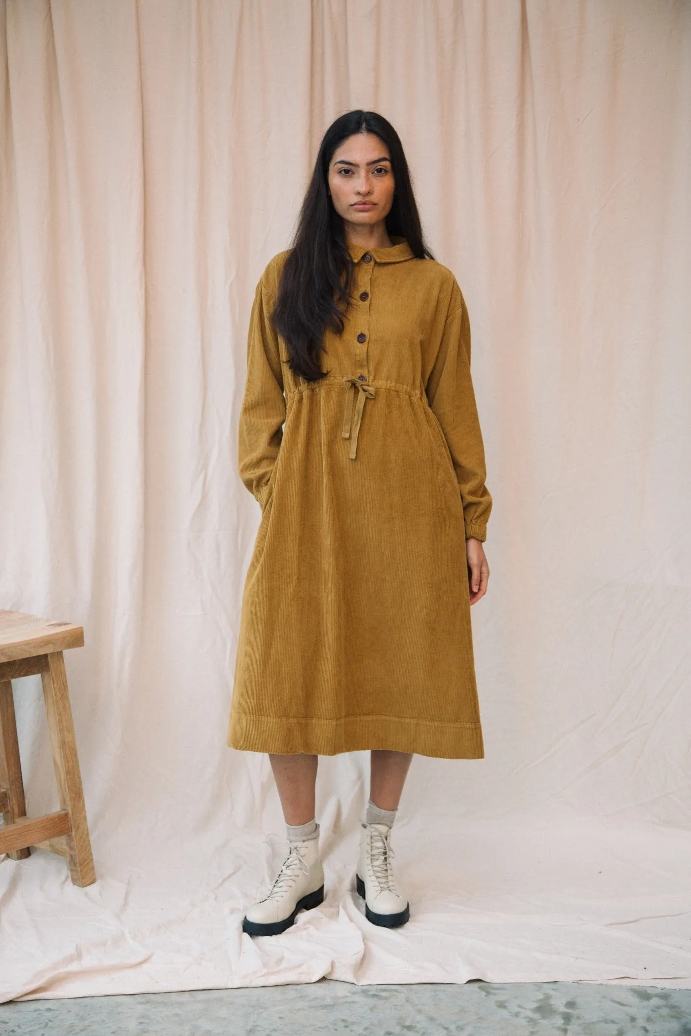 Casual Style Yuri Organic Cotton Cord Dress in Ochre