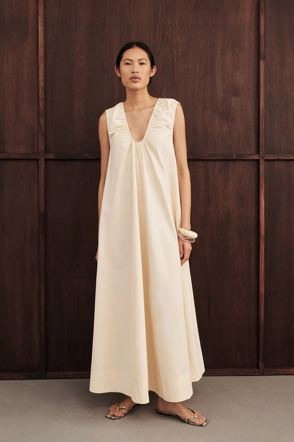 GABBY BUTTERMILK OVERSIZED COTTON MIDI DRESS High Neck All-Day Fit