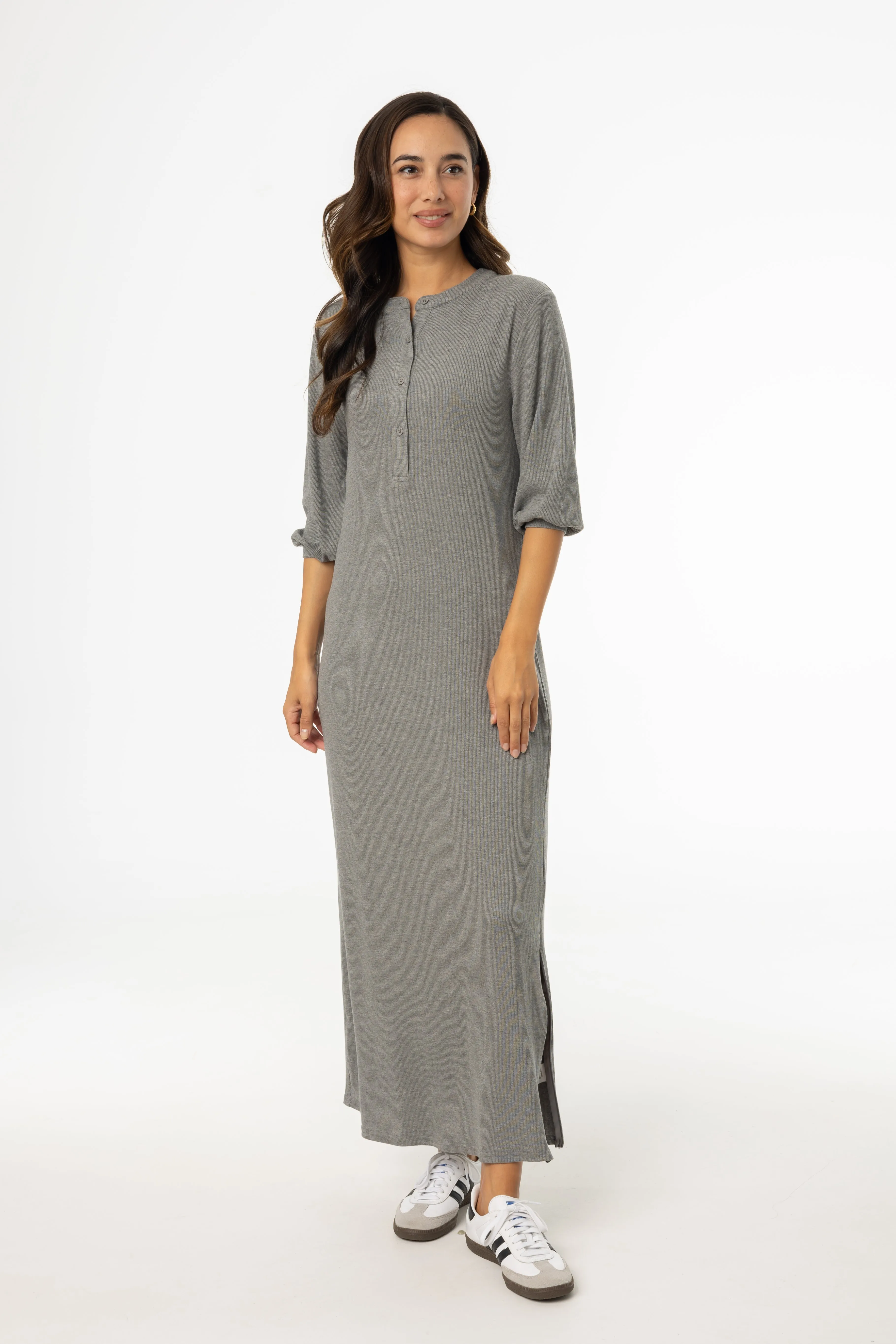 Grey 3/4 Sleeve Maxi Dress Flared shape AntiStaticMaterial